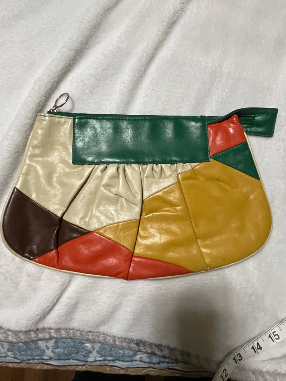 Colorblock Leather Clutch Bag in Green, Mustard & Cream